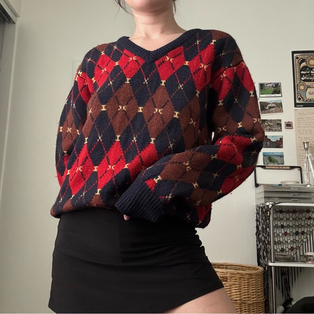 Equipment Argyle V-Neck Sweater - Red, Brown, Navy